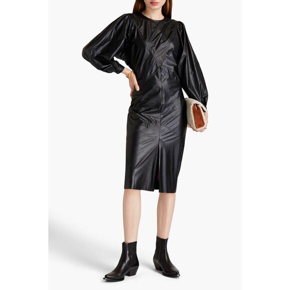Isabel Marant Drea Black Faux Leather Long Sleeve Midi Dress Size 4 - Picture 1 of 16